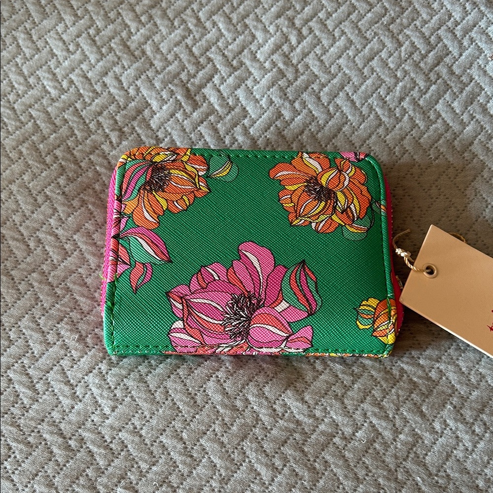 Trina Turk Green Floral Wallet with Pink and Orange Accents